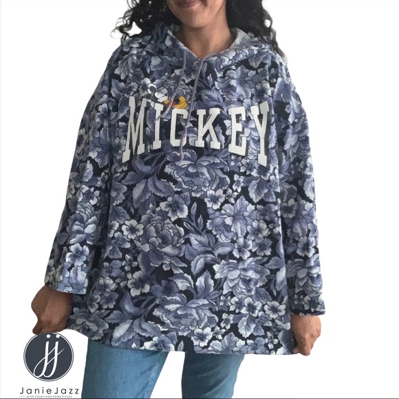 Vintage Mickey Mouse Hoodie Allover Floral Print Jerry Leigh USA Made Disney - Picture 1 of 10